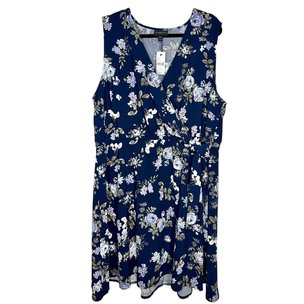 LANE BRYANT Blue Floral Faux-Wrap Dress 22/24 Summer Wedding Sleeveless‎